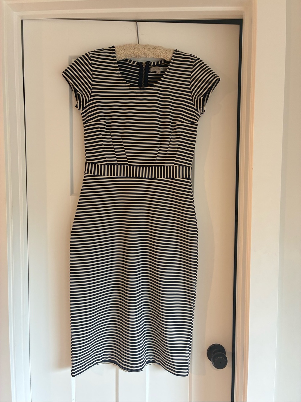 Downeast Striped Navy/White Cap Sleeve Sheath Dress Nautical prep small tailored